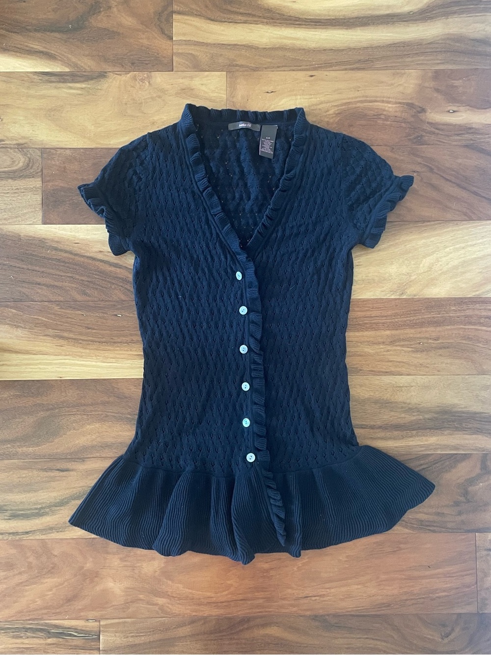 Heather B. Black Ruffled Short-Sleeve Knit Cardigan